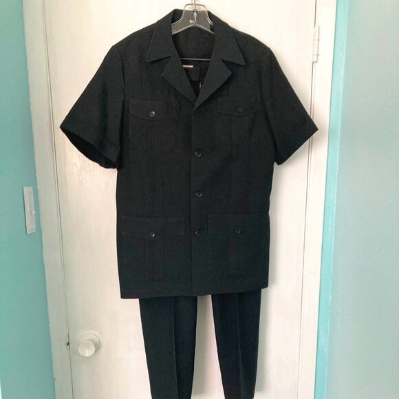 Unknown, 1970's Men's 38 Black Guayabera Polyester Suit - Picture 1 of 16